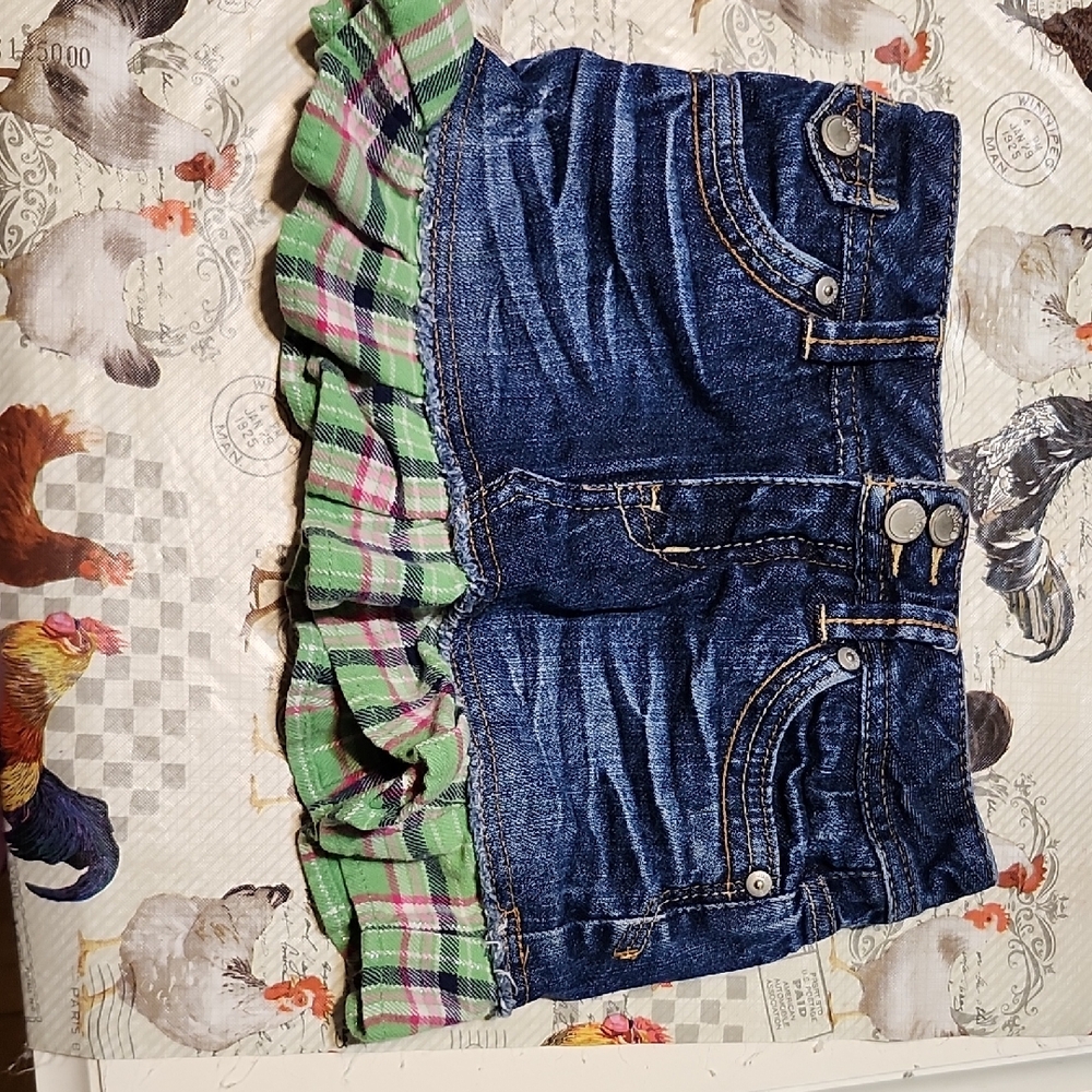 Justice Denim Skort with Green Plaid Ruffle